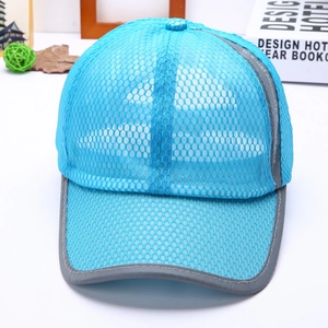 Close-up of blue breathable mesh baseball cap with reflective grey trim and side detail