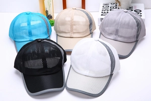Macro shot of breathable mesh texture on five assorted color outdoor baseball caps