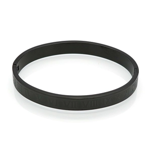Detail view of matte black stainless steel hinge bracelet with Roman numerals