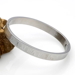 Silver Roman numeral titanium steel couple bracelet with matte finish and hinge closure