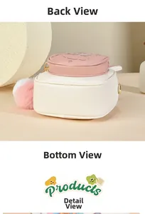 Detail of the stitched base and back of the beige and pink faux leather backpack