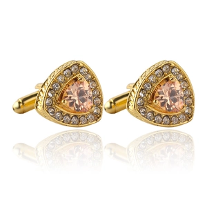 Men's luxury gold triangular cufflinks with champagne crystal and white diamond accents