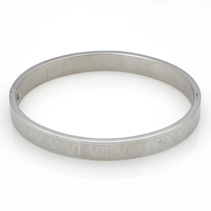 Macro shot of silver stainless steel bracelet featuring engraved Roman numerals and a side clasp