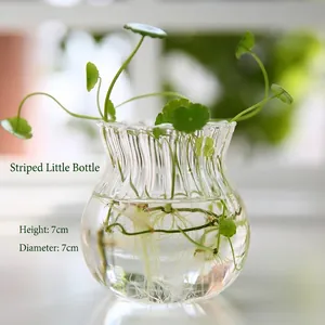 Handmade clear striped glass vase for hydroponic plants, 7cm height desktop decor