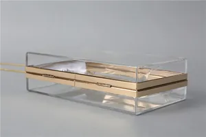 Close-up of transparent acrylic clutch bag with gold metal frame and side hinges