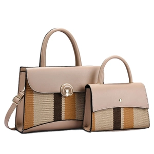 Elegant two-piece beige leather and striped canvas tote handbag set for women