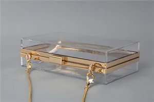Macro detail of transparent acrylic evening clutch with gold metal frame and snake chain