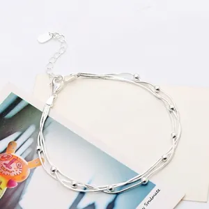 Three-layer S925 sterling silver snake chain bracelet with polished round beads for women