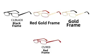 Detailed grid showing narrow gold metal frame reading glasses in black, red and gold colors