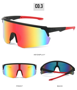Detailed three-way view of multi-color cycling sunglasses with non-slip red temple tips