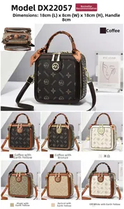 Vue détaillée du sac à main montrant les dimensions et sept options de couleurs élégantes