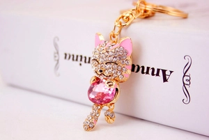 Macro detail of cat keychain with white rhinestones and a large pink teardrop crystal