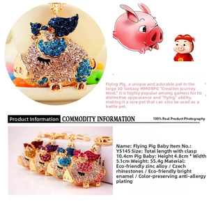 Detail view of flying pig keychains in zinc alloy with colorful rhinestones and gold plating