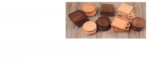 Detail of square and round walnut wood coasters with anti-spill grooves and natural grain
