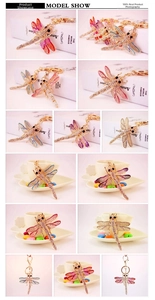 Detail of colorful dragonfly keychain with crystals and gold-plated metal clasp link