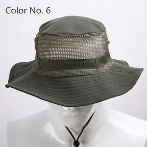 Army green breathable camo sun hat with wide brim and mesh vents for hiking and fishing