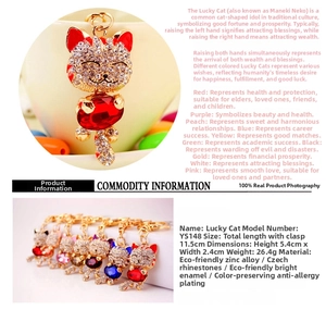 Detail showing various colors and precise dimensions of the rhinestone Maneki-neko keychain