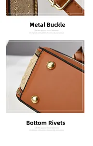 Détail du sac en cuir marron à motif litchi avec boucle dorée et rivets métalliques au fond