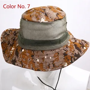 Detail view of khaki camo boonie hat featuring breathable mesh top and adjustable chin strap