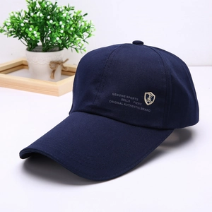 Detail of dark blue baseball cap featuring intricate gold shield logo embroidery