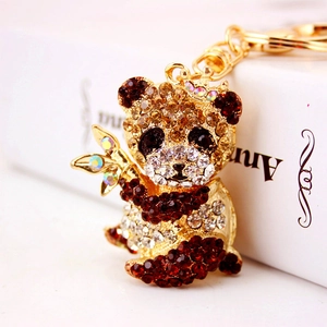 Cute golden panda keychain with crystal rhinestones and crown for gift decoration