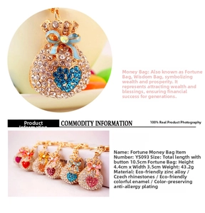 Detailed macro view showing five colors of rhinestone studded lucky bag keychains