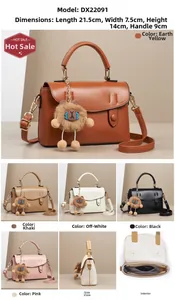 Detailed view of women's leather flap bag showing five colors and size 21.5x7.5x14cm