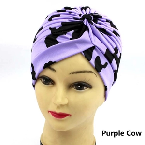 Purple cow pattern turban hat for hip-hop and yoga, stylish leopard print skull cap