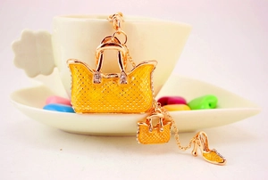 Detail of yellow rhinestone handbag and high heel charms on a gold metal keychain