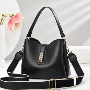 Classic black leather handbag with lychee texture and adjustable wide woven strap