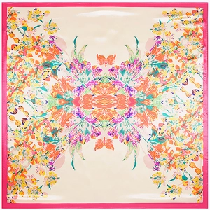 Macro detail of silk scarf with floral prints and rose pink borders