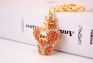 Detailed view of perfume bottle keychain with orange crystals and gold plating on white book