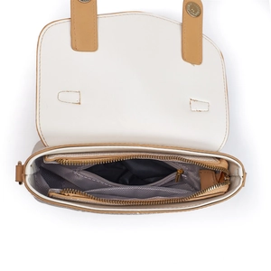 Detailed top view showing internal compartments and grey twill lining of the handbag
