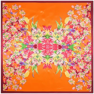Vibrant orange square silk scarf featuring symmetrical butterfly floral patterns with red borders
