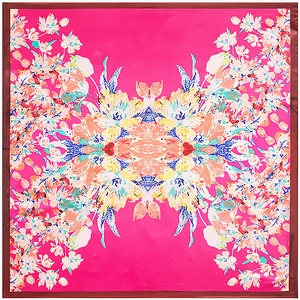 90x90cm pink square silk scarf featuring vibrant floral butterfly patterns and satin finish