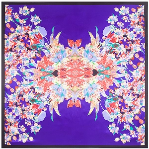 Purple floral silk square scarf with vibrant butterfly and flower ethnic patterns