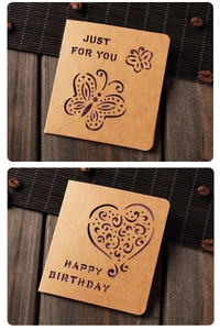 Macro view of vintage kraft paper hollow greeting cards with Just For You and Birthday text
