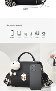 Détail du sac à main en cuir noir avec bandoulière géométrique et dimensions du sac