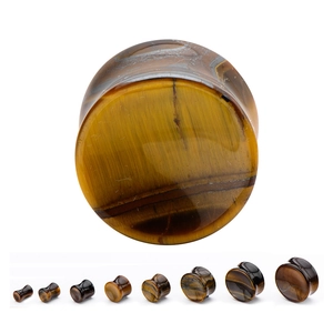 Tiger eye stone ear plugs showing various sizes from 5mm to 25mm in smooth saddle design