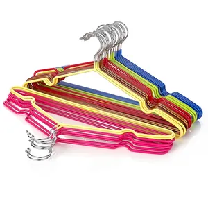 Detail of colorful anti-slip metal clothes hangers with PVC coating and dual notches