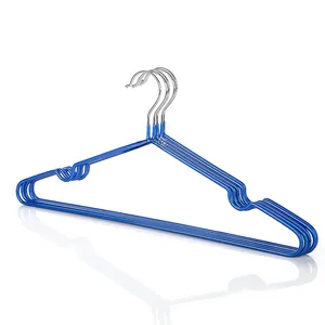 Close-up of blue non-slip coated metal clothes hangers with shoulder notches and steel hooks
