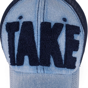 Cappellino da baseball in denim slavato con rete e ricamo TAKE in ciniglia 3D