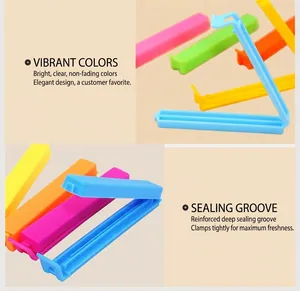 Detailed view of colorful plastic food sealing clips with deep inner grooves for freshness