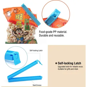 Detail view of 11cm blue plastic food sealing clip with self-locking buckle and sealing groove