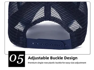 Dettaglio della chiusura regolabile snapback sul cappellino trucker in mesh denim