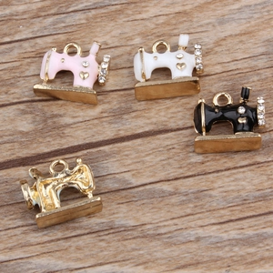 Golden alloy sewing machine charms with enamel and rhinestones for DIY jewelry making