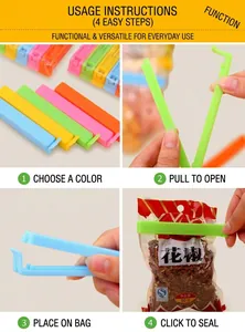 Detailed step-by-step guide showing how to use colorful 11cm plastic food sealing clips