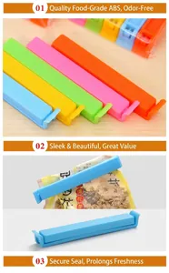 Close-up of colorful plastic food sealing clips for moisture-proof bag storage