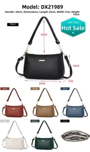 Detailed view of women's leather handbag showing dimensions, internal pocket and color options