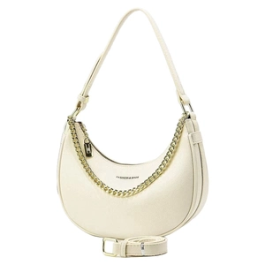 Sac demi-lune beige chic avec texture cuir grainé et bandoulière chaîne dorée